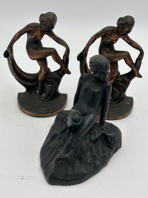 3 Antique Bookends Including 1920s Art Deco Dancing Flapper Girls: A pair of bronzed cast iron dancing flapper girls, as well as a single recumbent maiden.