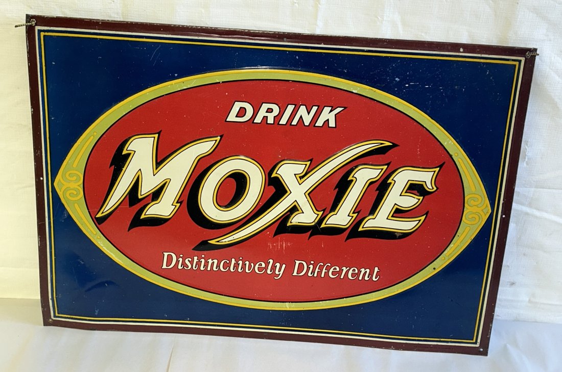 Vintage DRINK MOXIE Embossed Advertising Tin Sign: Early Moxie soda pop sign, with great color, in a fine state of preservation. Embossed lettering. 27.25" by 19".