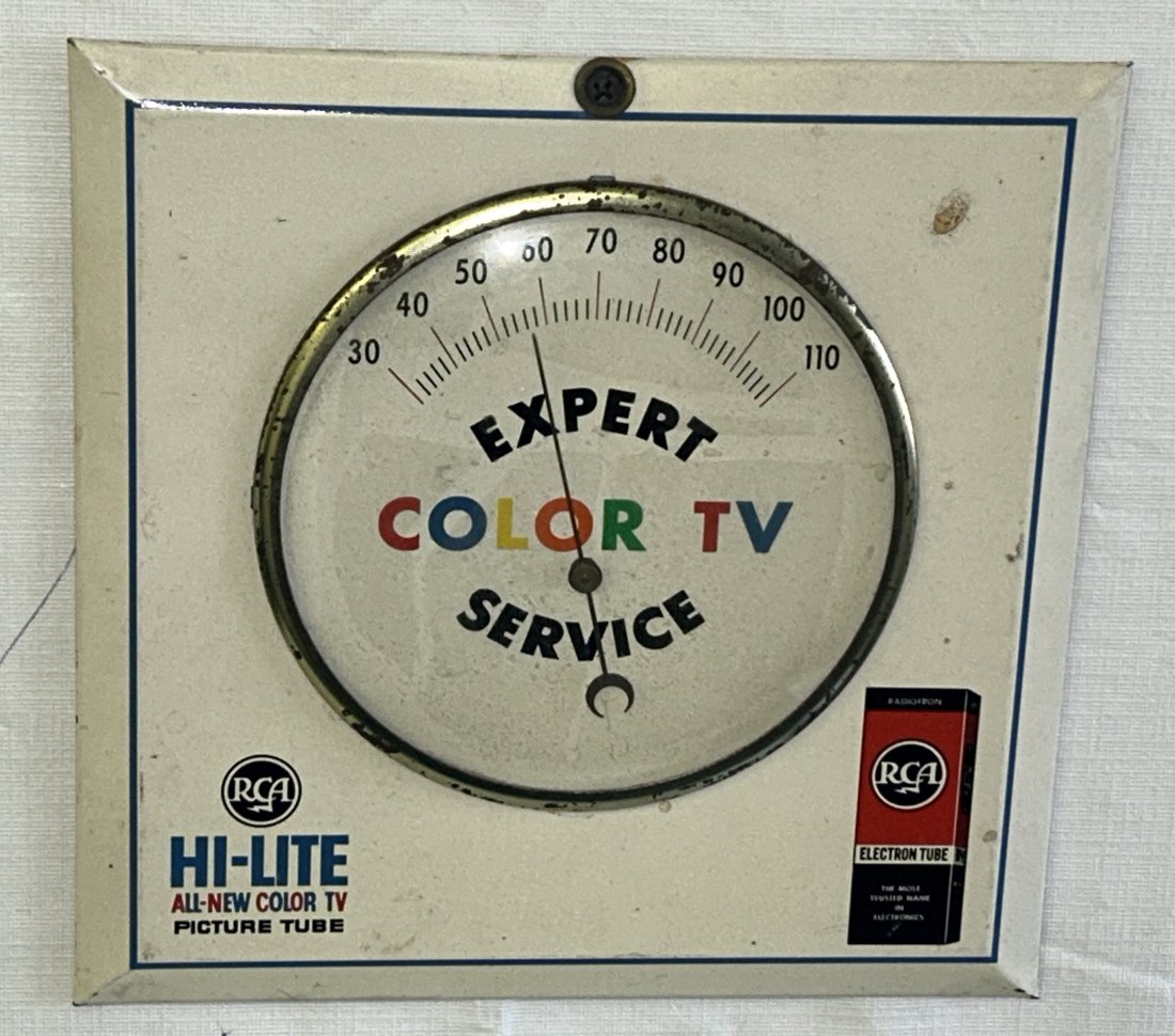 Vintage RCA Television Tubes Advertising Thermometer: Circa 1950s/60s, Advertising RCA tubes and their Television repair services. Thermometer is functional. Tin surface, with good color.