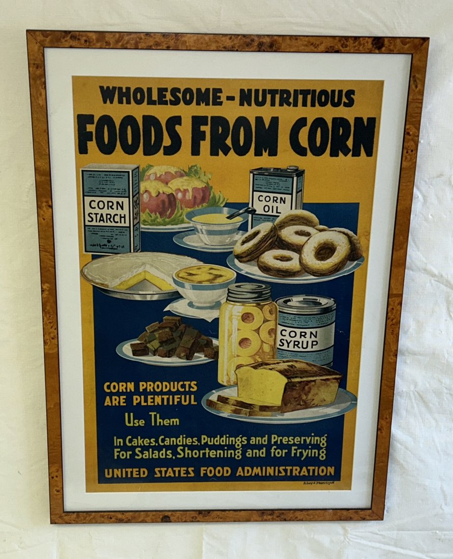 Antique 1918 'Foods from Corn' Advertising Poster: Created during World War 1, showcasing the many food applications and versatility for corn as a crop. Vibrant colors, with straightforward advertising. Created by Lloyd Harrison.