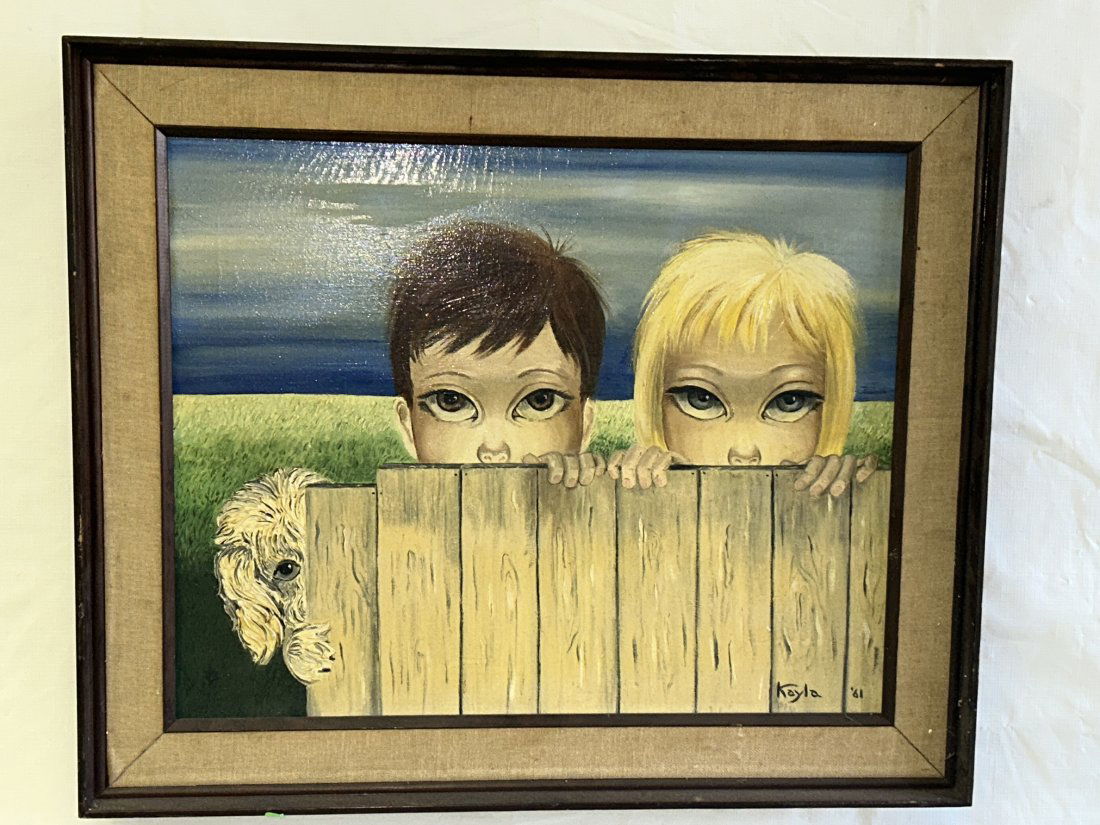 1961 KAYLA Mid-Century 'Big Eyes' Painting: A vintage modern 'Big Eyes' painting, signed KAYLA and dated 1961. In the vein of Margeret Keane. A charming composition, with 2 children and a poodle peeking over a wooden fence.