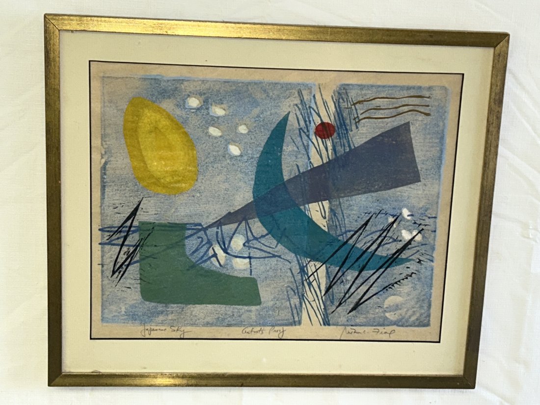 Vintage Modern Nathan C. Fial Woodblock Print- titled 'Japanese Sky': A vintage modern woodblock, signed Nathan C. Fial. Abstract in nature, in the vein of Joan Miro. A pre-edition Artist's Proof.