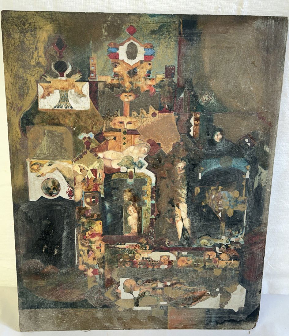 Vintage Surrealist Oil Painting: 1 of 2 paintings being offered this auction, by the same artist. It is unsigned, but was painted by a talented hand. Surrealistic in nature, with nudes throughout. On Masonite. Potentially a hidden ge