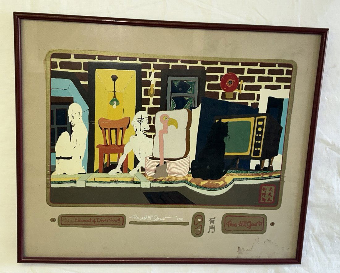 Vintage 'Outsider' Folk Art Thomas McGraw Painting: A strange, surreal composition, signed Thomas McGraw and titled 'The Element of Diversion'. Frame looks to be original to the artwork. Potentially a hidden gem.