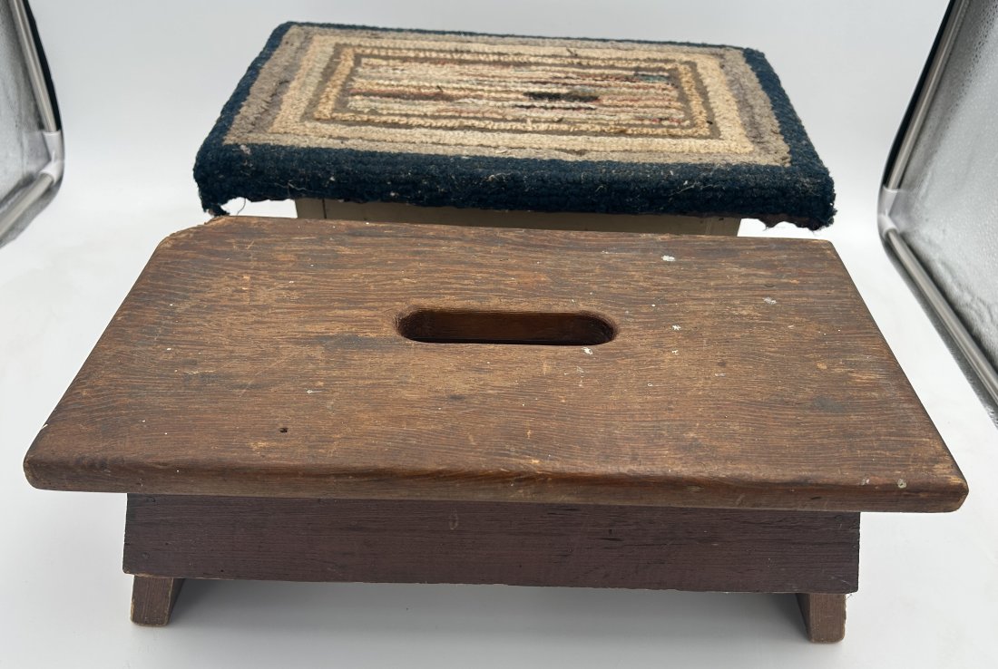 2 Antique 19th Century Folk Art Stools: Mid 19th century. 1 with applied hooked-rug topper.