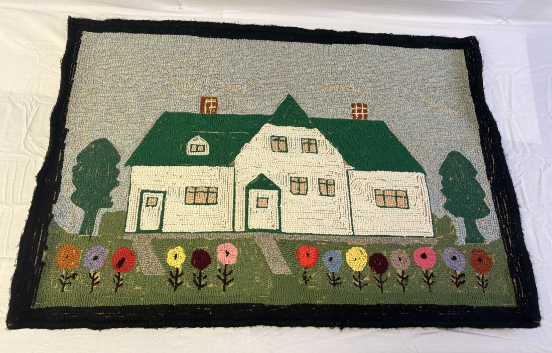 Antique 19th Century Folk Art Hooked Rug with Farmhouse and Spring Flowers: A charming example, in very good overall condition, with bright colors and a well realized subject- a Country Farmhouse with Flowers in bloom. Measures 39" by 26.5".