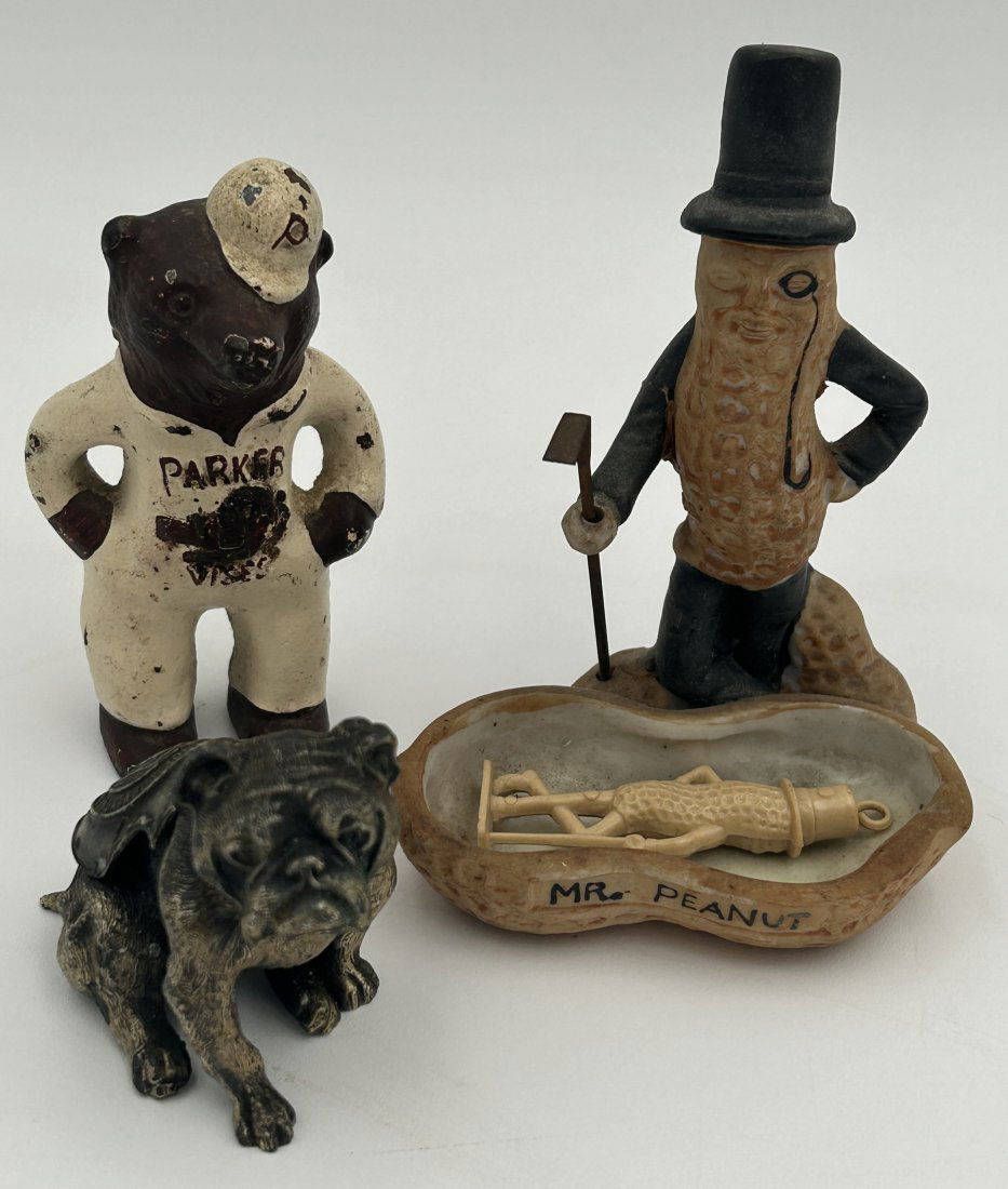 Antique/Vintage Curio Items: Includes a 1920s Parker Vise cast iron advertising paperweight, bisque porcelain Planter's Mr. Peanut Advertising trinket box with removable metal cane [original], and early Yale University bulldog fi