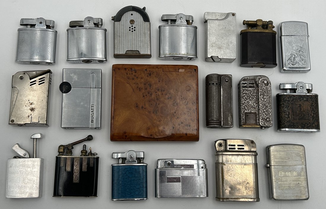 Large lot of 17 Vintage/Antique LIghters + Victorian Burled-Wood Tobacco Box: A fine lot of early lighters [17], including examples from the late 1800s through the Art Deco era. Included are rare 1937-dated German Kaschie and silver-trimmed Deco black enamel lighters. Also incl
