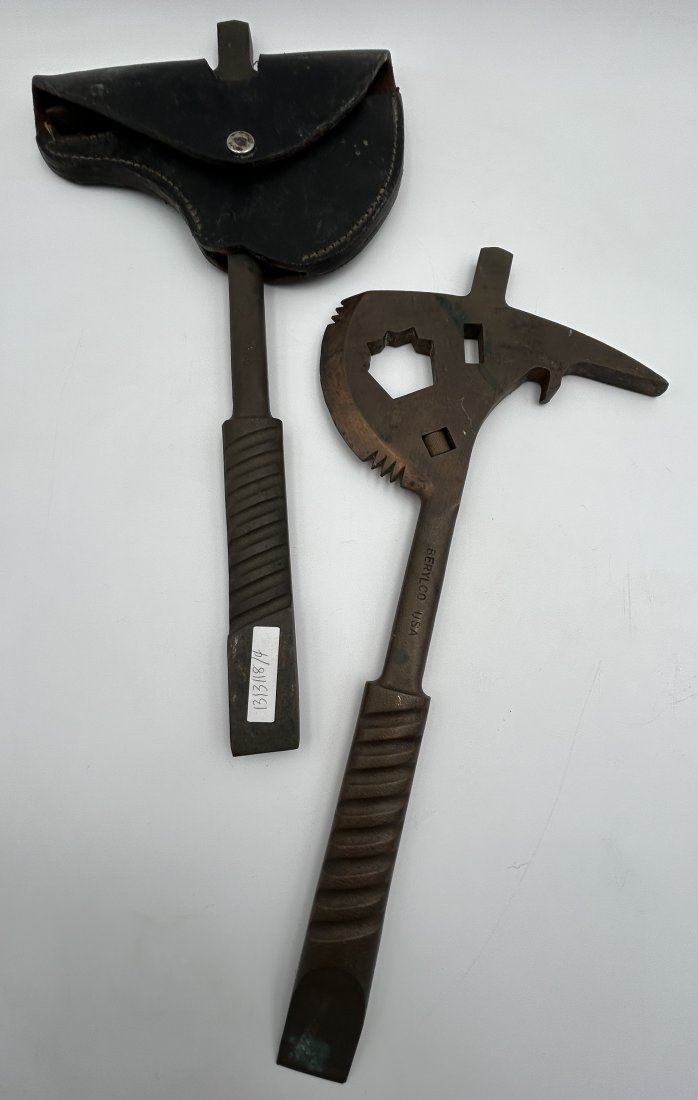 Pair of BERYLCO Bronze Non-sparking 'Crash Axes': Both are solid bronze, and in very good condition. They are axes but have multiple other uses [including an internal wrench to open fire hydrants]. Non-sparking, often used by fire departments as rugg