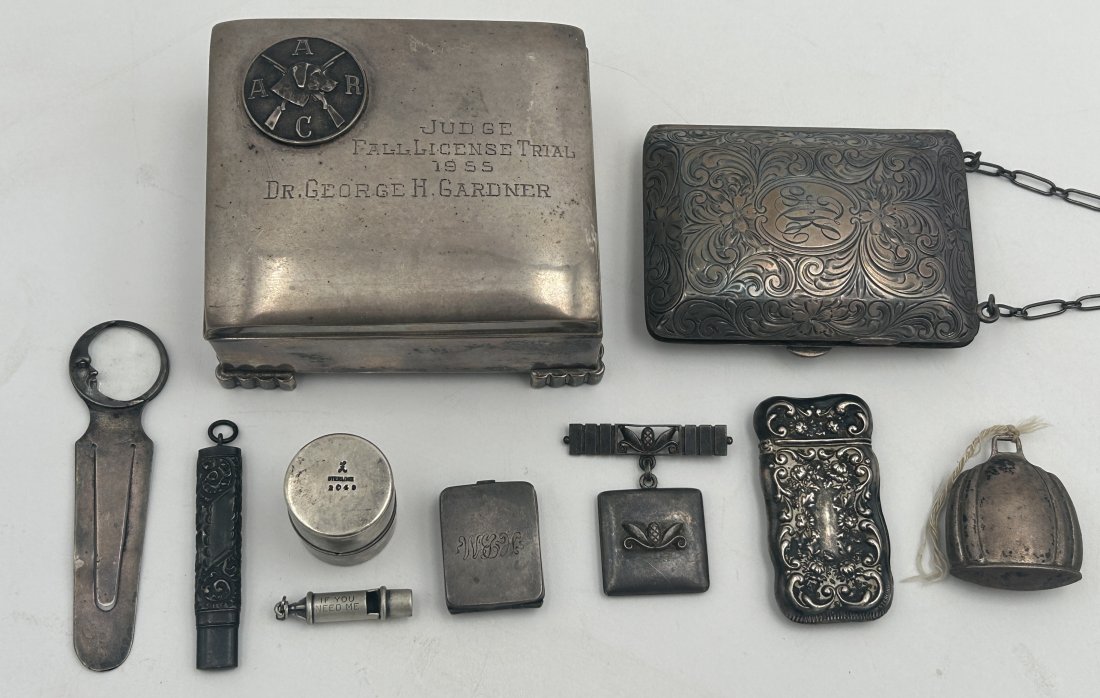 Sterling Silver Items of Interest- Boxes, Locket, Magnifier, Vesta, Whistle, and Bell: All antique, tested/marked sterling silver. Includes a dedicated Poole box [to a Judge], bell, miniature whistle [quite loud], ladies hand purse/compact, and vesta. All in good condition. Largest is t