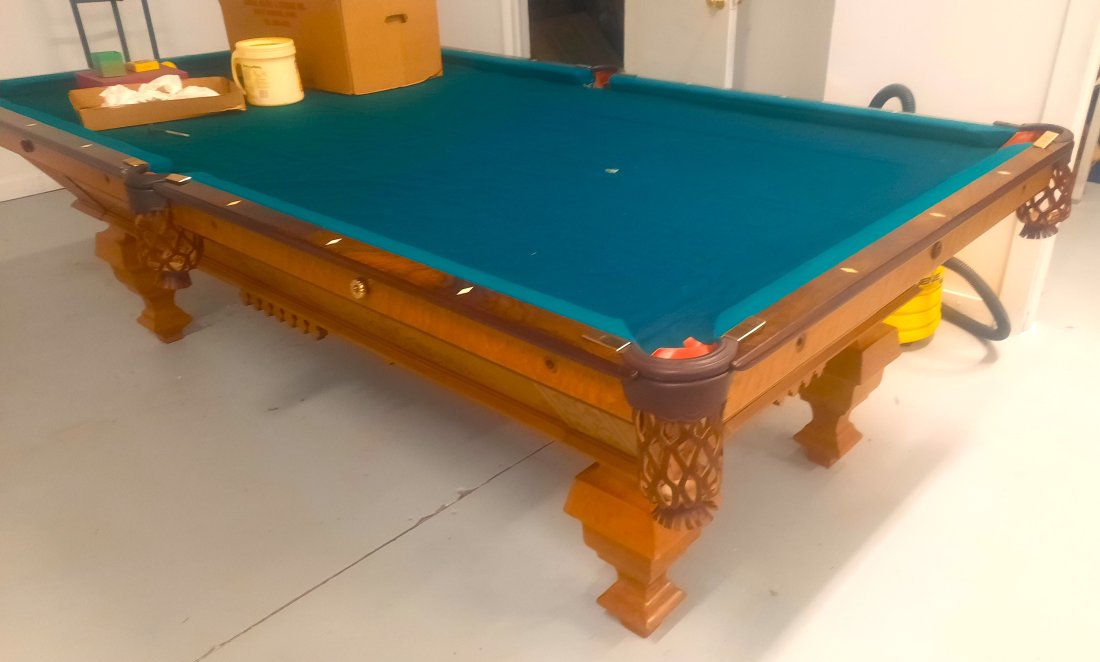 Antique Victorian Era CONGRESS BILLIARDS CO. Full-Scale Pool Table- Marquetry Inlay: A substantial Victorian Era Billiards table, manufactured around 1880 by the CONGRESS BILLIARDS Co. out of New Haven, CT. It is full-scale, with 1.25" slates [in 4 sections, 250+ pounds each], and ori