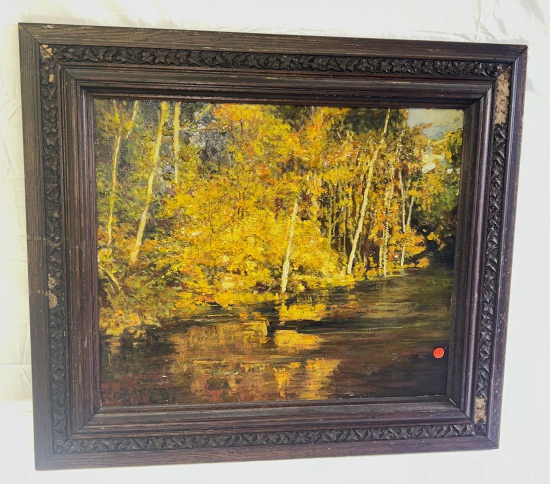 Vintage 1940s Emiddio DeCusati Impasto Landscape Painting: By listed Connecticut artist Emiddio DeCusati, it in the impasto style, with thick paint strokes and a high-relief surface. Several small losses to the field, but it displays well.
