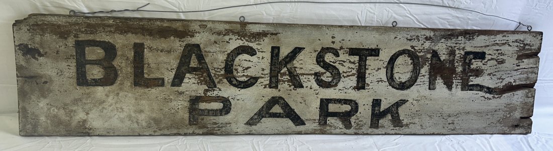 Antique BLACKSTONE PARK Double-sided Wood Sign: Attributed and originally mounted near Blackstone Park, in Rhode Island. Folk-painted, simple in message but quite rare. 54.5' across.