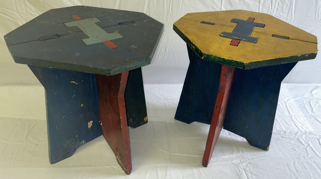 Original ROBERT ANDREW PARKER Folk Art wood Side Tables: Same well-known artist that created the wood cut-outs, Robert Andrew Parker. Directly from his estate, they showcase his later-life style, simple yet quite direct. The decks are centered by bow-tie pe