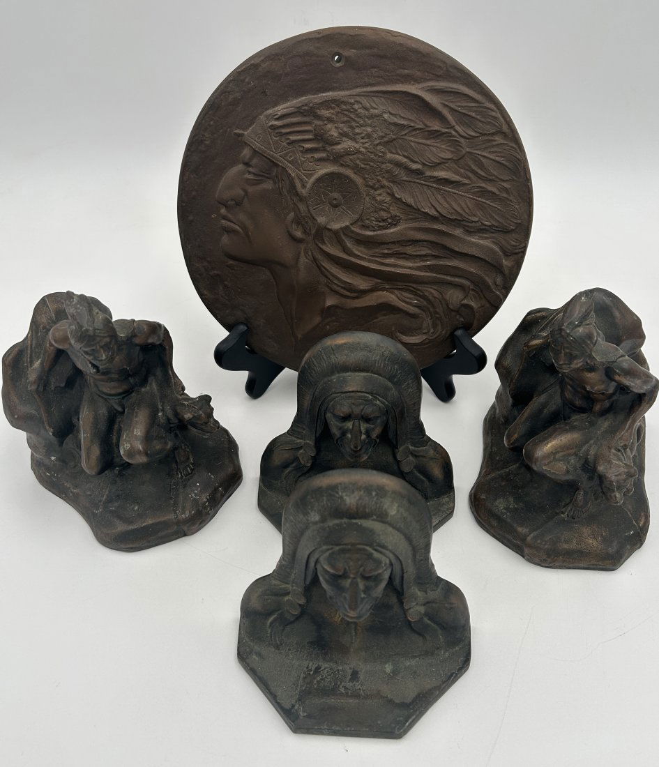 Antique Native American Bookends and Plaque: Includes an antique bronze Mohawk Chief plaque, attributed to Franz Xavier Bergman [possibly a slightly later casting], as well as 2 pairs of bookends.