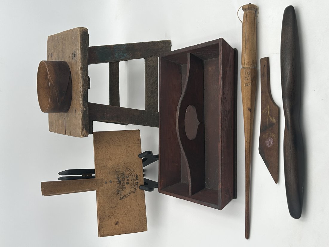 Antique Country Primitive Items of Interest: All early examples, including a diminutive stool, wool scraper, tray in old red paint, and shaker pantry box bottom.