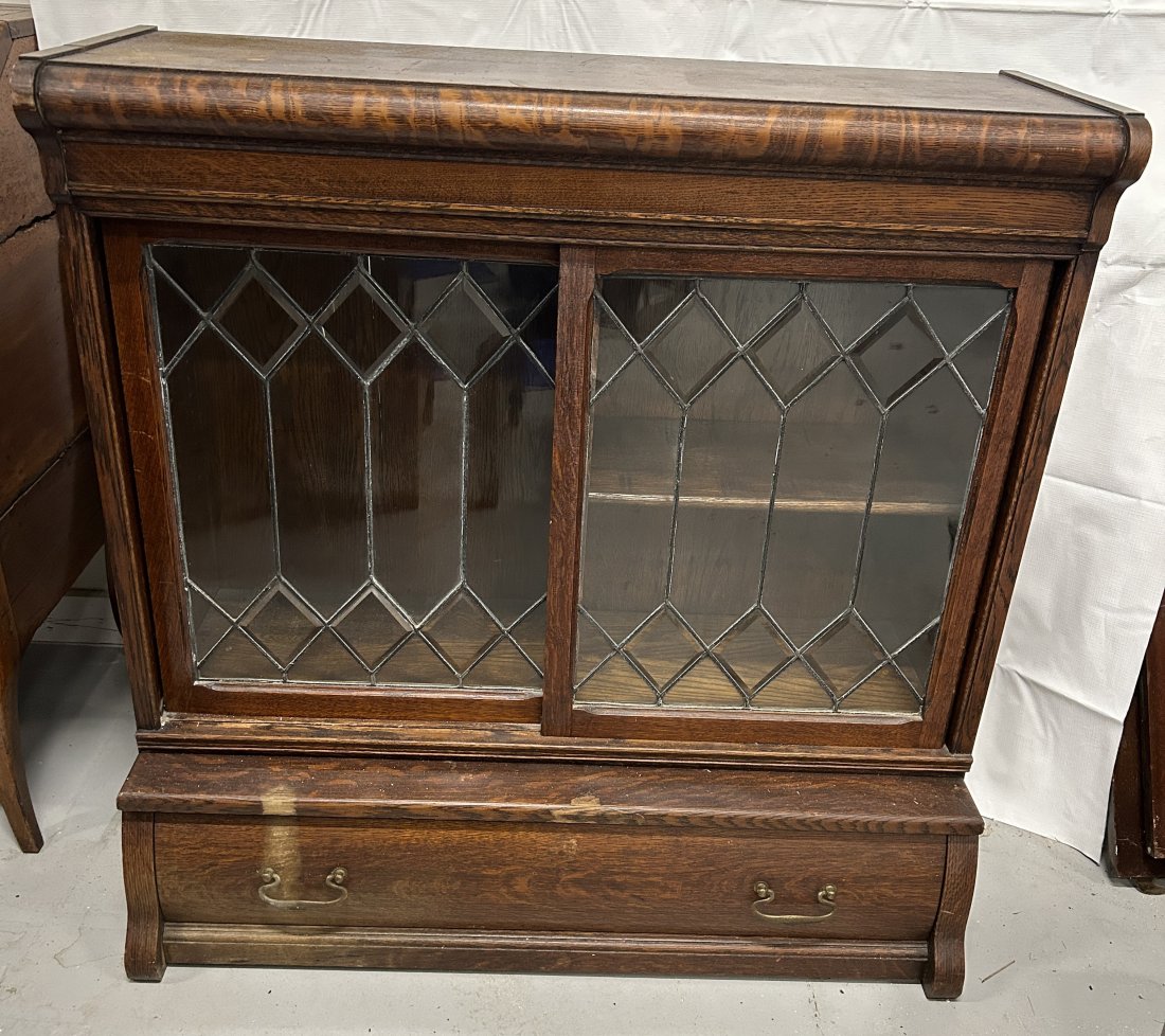 Antique Lawyer's Stacking Oak Cabinet: A fine example, with leaded glass door panels, quarter-sawn oak frame, and bull-nosed lower drawer. Late 19th/early 20th century.
