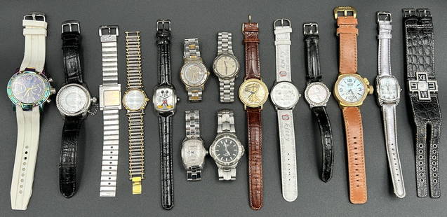 large wristwatch lot: 16 watches in total, from makers Lucien Piccard, Technomarine, Seiko, Croton, Invicta, Fossil, Timex, Hello Kitty [Sanrio], Jaz Paris, Dolce and Gabbana and a wristwatch with 90% silver 1/2 dollar as