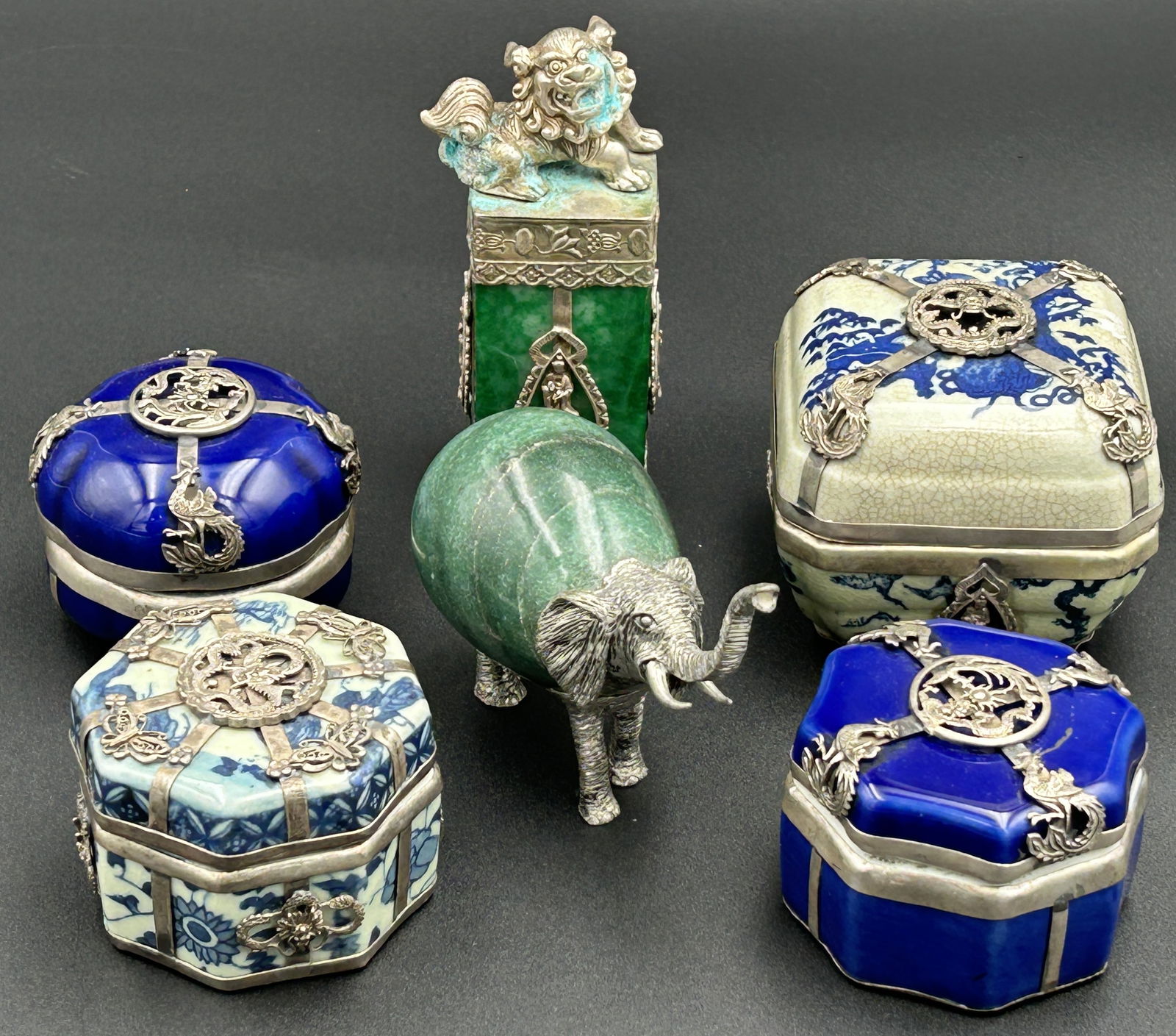 vintage chinese trinket boxes, elephant figurine and foo dog on pedestal (1 of 4)