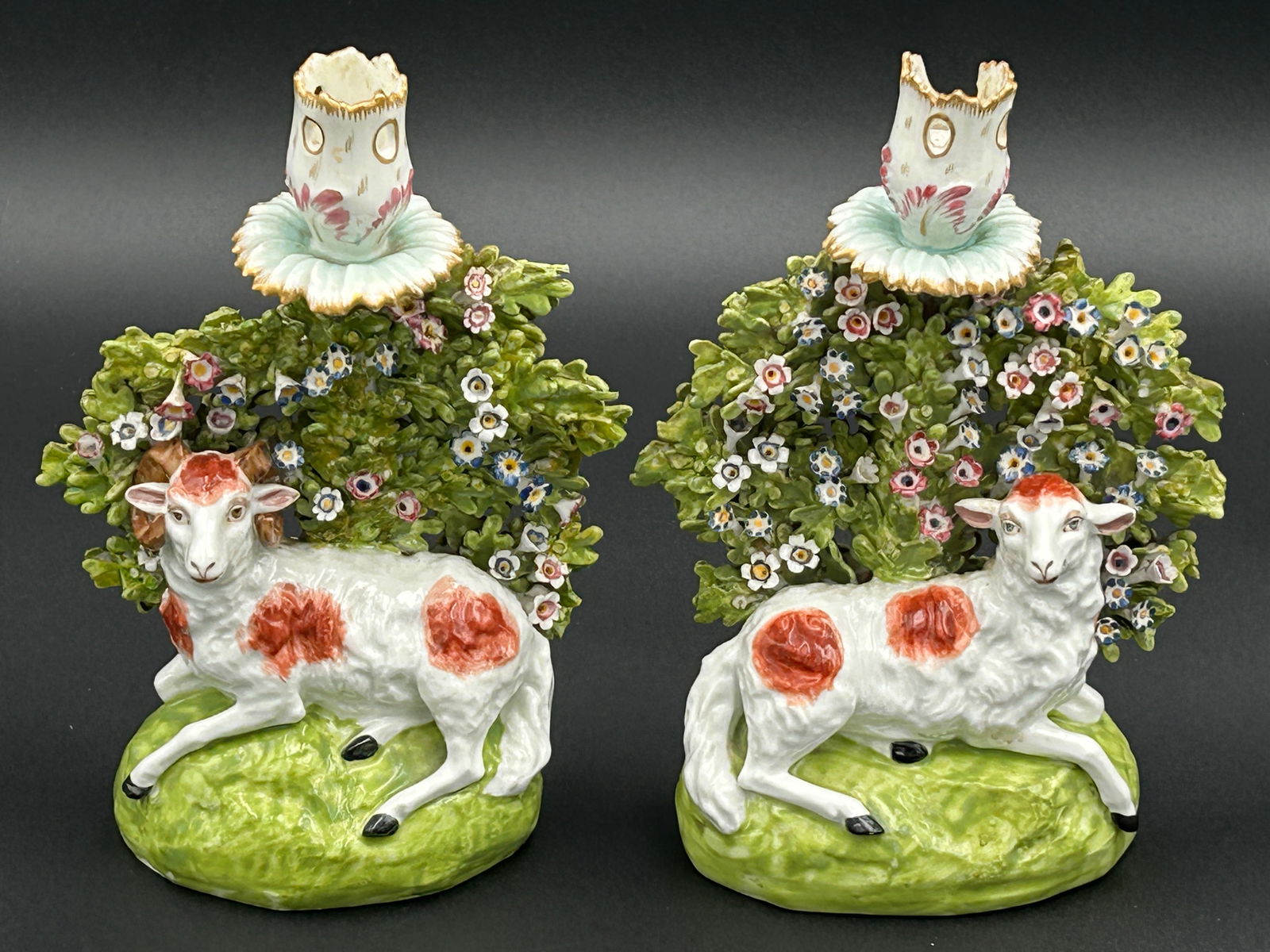 Antique early 19th century Staffordshire recumbent lamb candlesticks. (1 of 4)