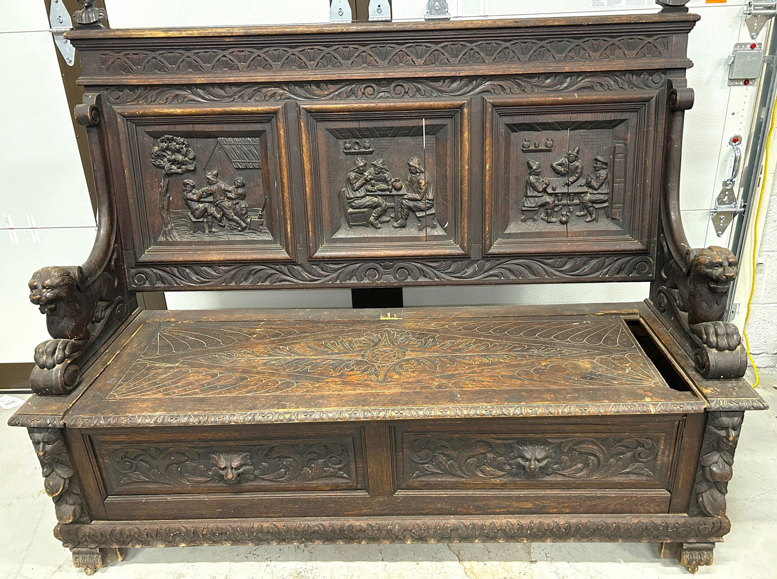 antique Heavily Carved Gothic Oak high Back Bench with Storage (1 of 3)