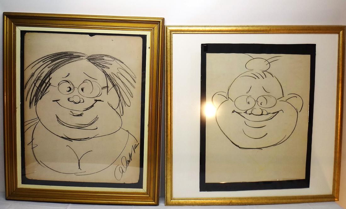 AL CAPP LOT: a) Famous Cartoonist Al Capp, creator of "Li'l Abner" and "Mr & Mrs's" (Mrs. signed) 22x28 & 20x25. b) Framed/Glazed 30x36 & 35"x34 1/2"