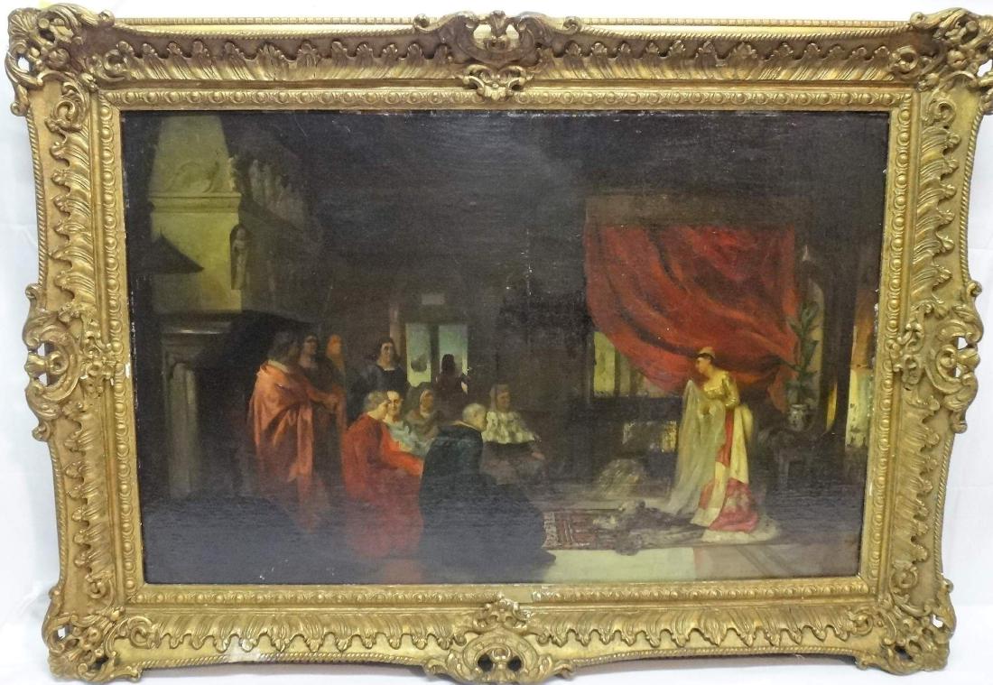 CIRCLE OF JEAN LEON GEROME, O/C, "THE QUEEN BEFORE THE: Circle of Jean Leon Gerome (French 19th Century) Oil Canvas "The Queen Before The Court" Framed, Old Refine,22x34; Indistinct signature