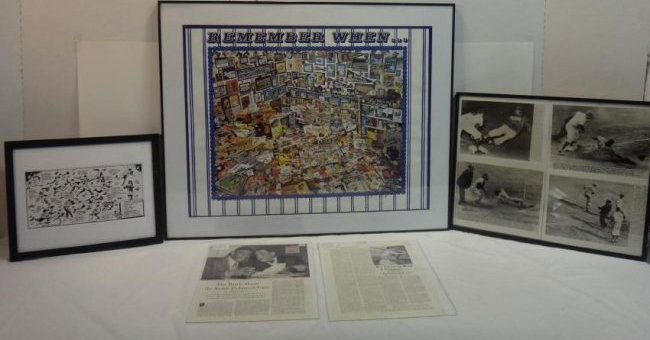 BILL GALLO, JOURNAL, PHOTOS & VINTAGE SPORT ARTICLES.: a) "Sports Remembered When." Print signed by Artist. Framed/Glazed. 37x26 When, Print. b) Bill Gallo's "Babe" 16x12 c) Journal Photos – Framed/Glazed.16½x20½ d) Vintage articles. Jack Robinson –