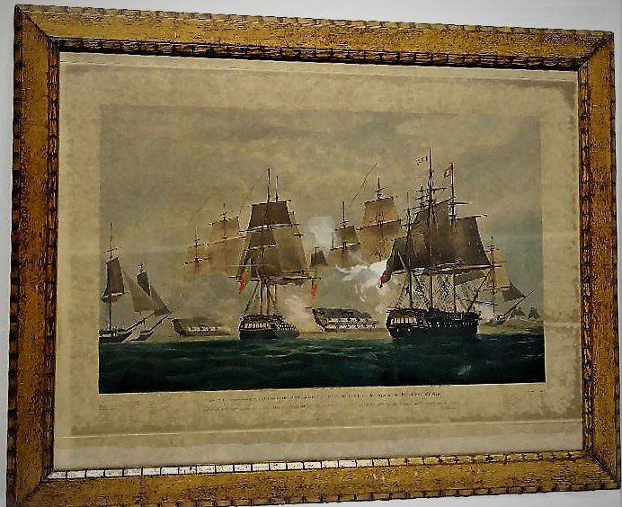 **1833 ENGRAVED NAVAL BATTLE. W.J. HUGGINS HANDCOLORED, (1 of 3)