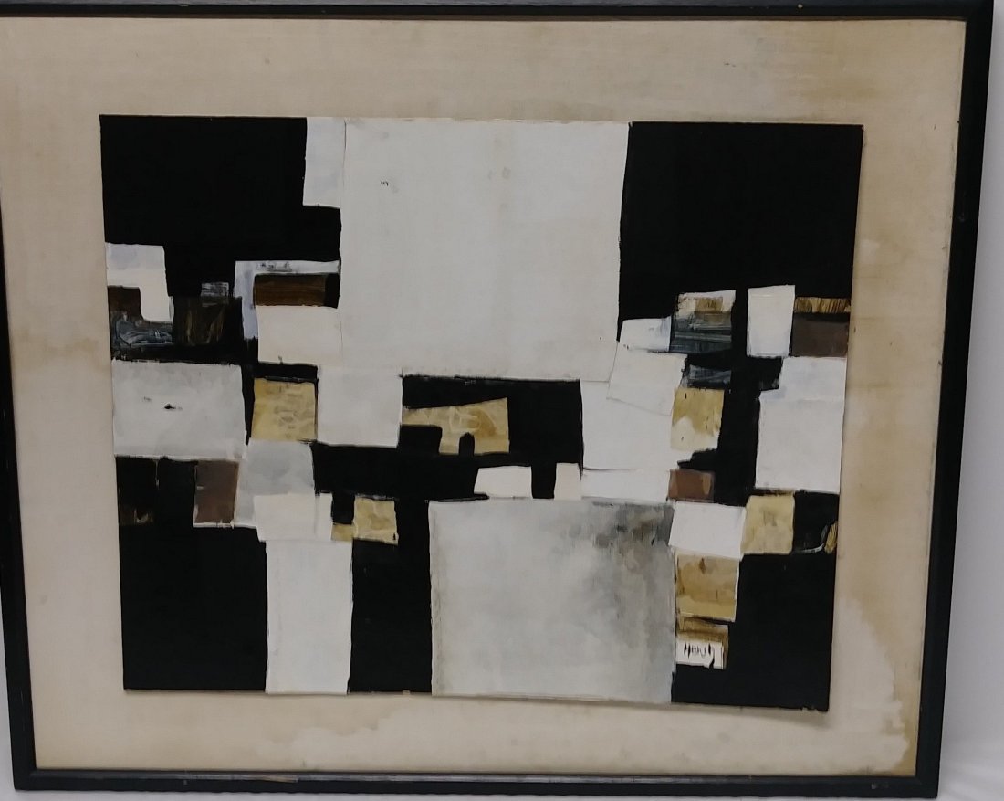 **SIGNED HIRSH, 1950s NEW YORK SCHOOL OIL & COLLAGE: Black oil ground on canvas mounted to fiberboard, a nice look with layers of various cut canvas and paper built up. The painting ok, it will need re-framing with a mat or frame lip holding the work do
