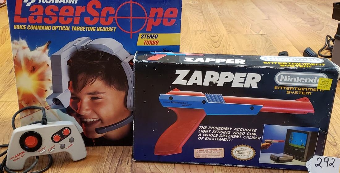 KONAMI LASERSCOPE/ZAPPER GUN & NES MAX CONTROLLER (ALL: A lot containing Konami Laserscope & zapper gun for various games on the classic NES. Also containing a NES MAX controller