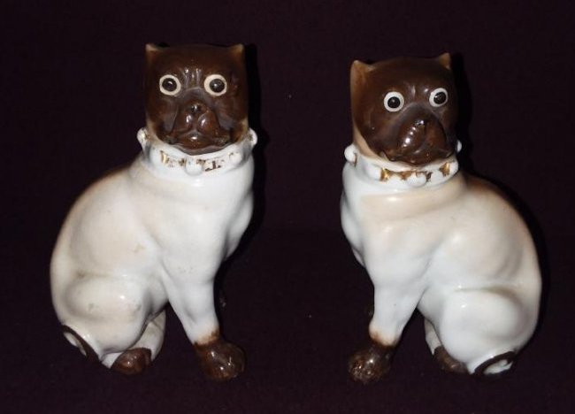 A PAIR OF ANTIQUE GERMAN PAINTED PORCELAIN PUG DOGS (1 of 4)