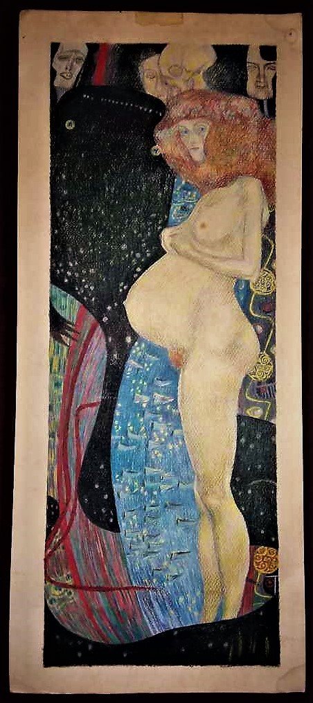 POSSIBLY OF HIGH IMPORTANCE: BY OR AFTER GUSTAV KLIMT: A fascinating and highly original mixed media painting on heavy paper stock, possibly painted by Gustav Klimt, 1862-1916, or if not, certainly a close follower of him. A pure Viennese Sezessionist wor