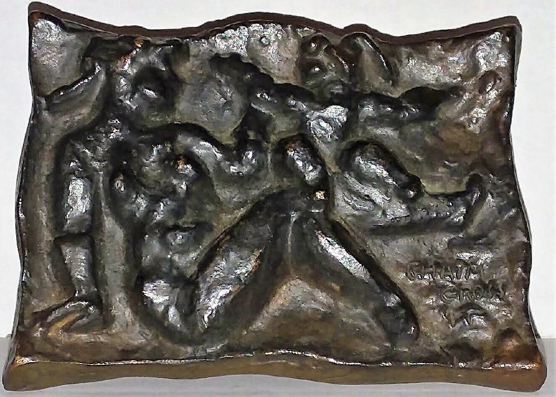 CHAIM GROSS, BRONZE NUDE PLAQUE 1950: High relief bronze plaque, mother and child, signed lower right "Chaim Gross”. A bronze by Jewish American sculptor Chaim Gross. This is a stand up plaque, measuring 5.25 by 4 inches, Mid century mo