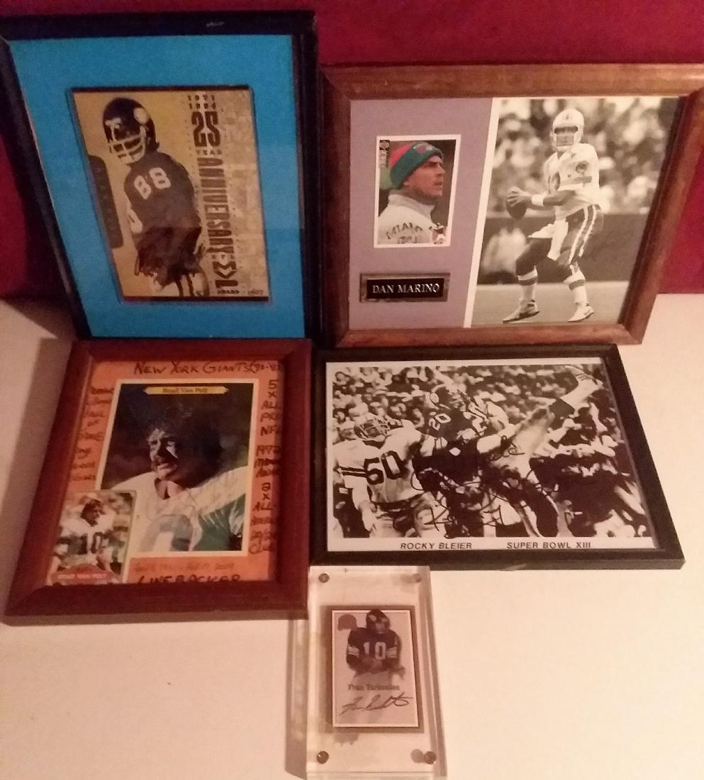FOOTBALL LEGENDS SIGNED: FRANK TARKENTON SIGNED CARD, DAN MARINO SIGNED PHOTO, BRAD VAN PELT SIGNED CARD/PHOTO. ALLAN PAIGE COMMEMORATIVE, ROCKY BLEIER SIGNED PHOTO. DIMENSIONS: 3 3/4"x5 3/4"; 11 1/2"x9 1/2" F/G