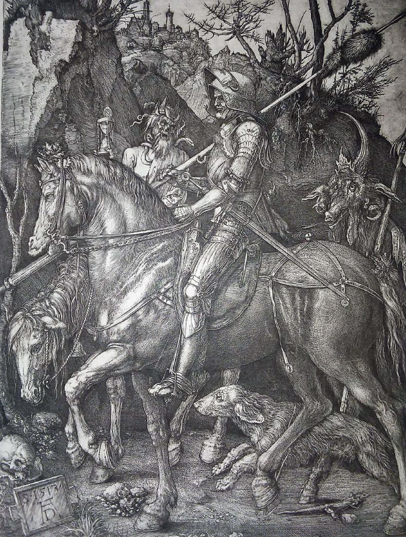 FROM HANFSTAENGL FAMILY PRINT FOLIO: "Knight, Death, and Devil", etching after ALBRECHT DUERER Dimensions: 7 1/2"x10 1/2" The Old Red Barn has acquired a folio of antique and old German prints, mostly etchings, others are engravings, lit