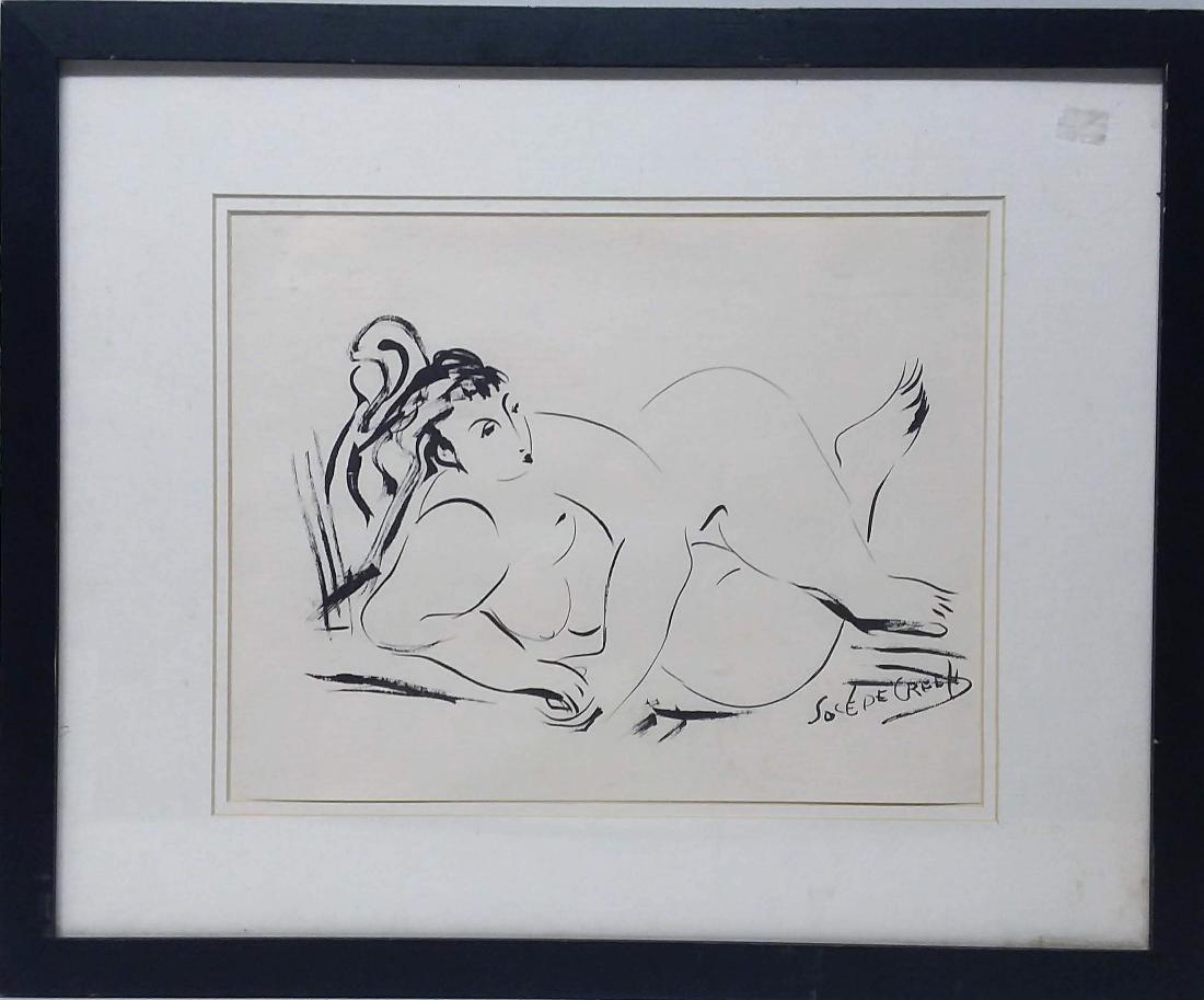 JOSE DE CREEFT "ABUNDANT NUDE": Jose De Creeft. Ink Brush Drawing by this famed Spanish American artist/sculptor