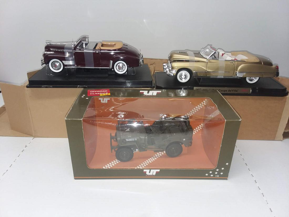 LOT OF 3 DIECAST: 2 FAIRFIELD MINT USA JEEP 1 UT MODELS 1949 CADILLAC COUPE.