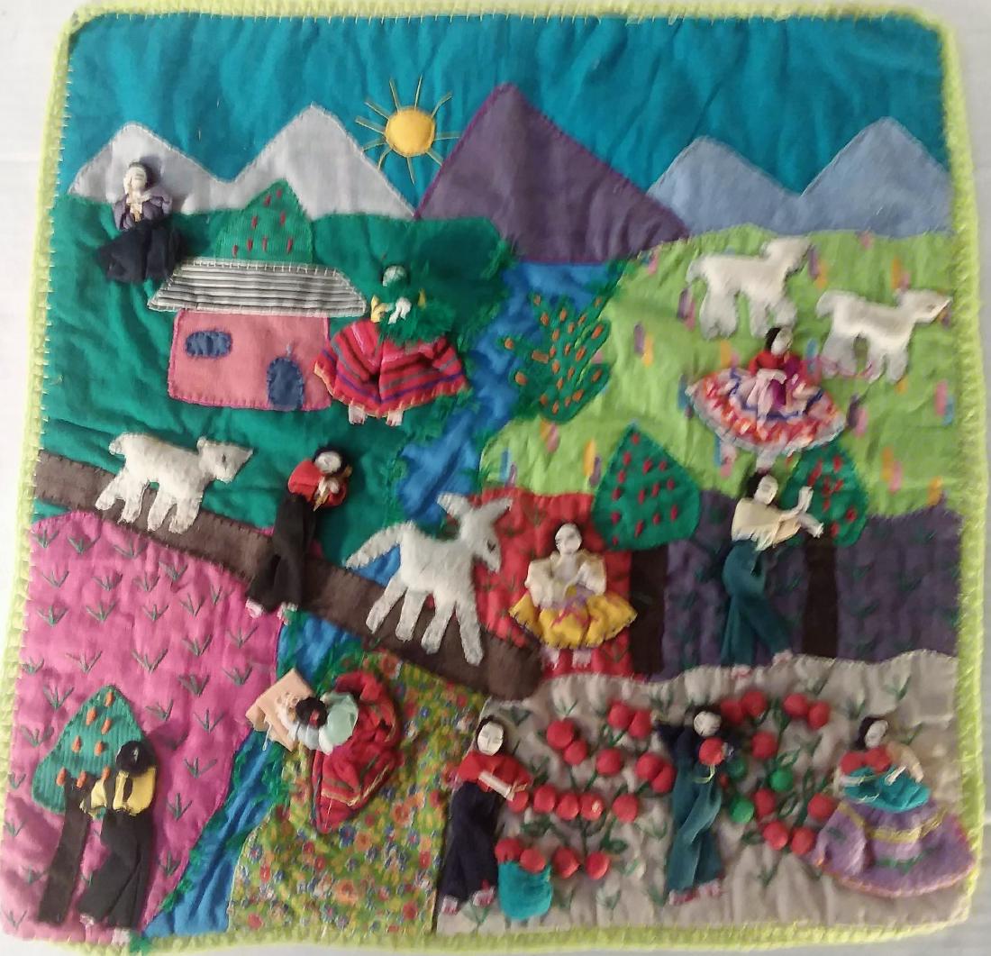 EXCEPTIONAL SMALL HAITIAN RELIEF TAPESTRY.: MADE OF COTTON MATERIAL, IT'S A SIMILAR TO CRAZY QUILT DESIGN, W/ ELEVEN FIGURES & ANIMALS. ALL AMONGST A MOUNTAINOUS LANDSCAPE. TREES WITH BERRIES, A BRIGHT SUN SHINING DOWN ON THE SCULPTURE RELIEF W