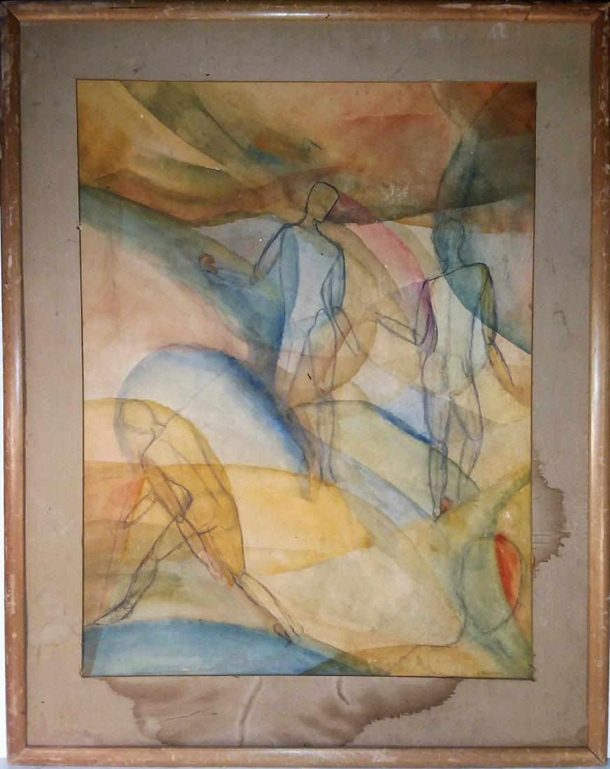 LG. W/C 1952 J. NICHOLAS, NY: 3 NUDES IN A CUBISTIC SETTING. MIXED MEDIA. GRAPHITE & W/C SIGNED FRONT AND REAR. DIMENSIONS: 23"x17"