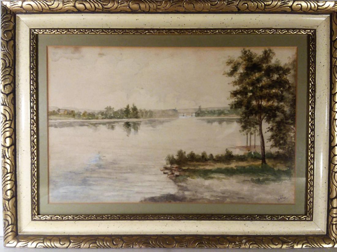 SIGNED AMERICAN W/C. "RIVER SCENE" W/ BRIDGE IN (1 of 2)