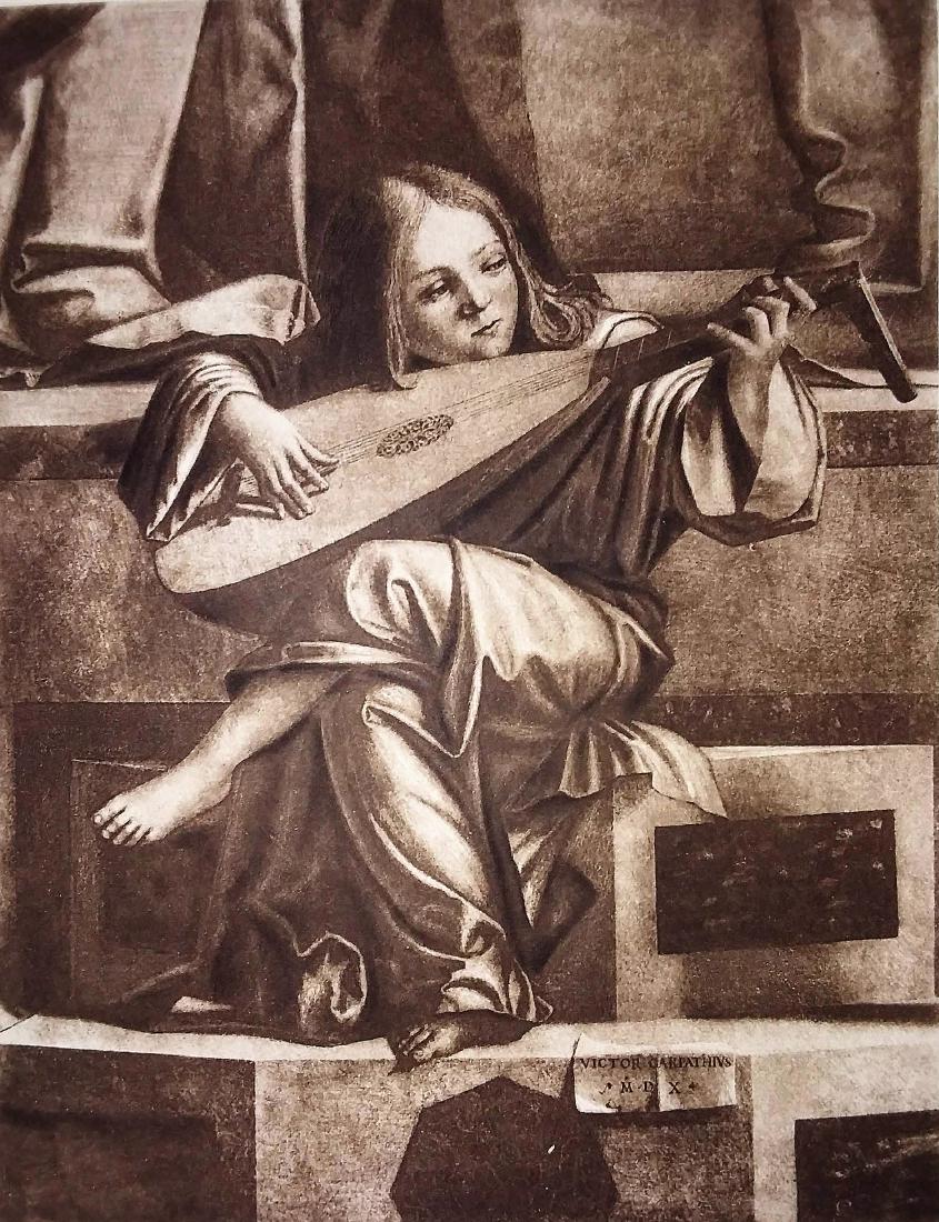FROM HANFSTAENGL FAMILY PRINT FOLIO: "The Lute Player" a gravure by Vittore Carpaccio (1478-1522) Dimensions: 6 1/4"x 8 1/4" The Old Red Barn acquired a folio of German etchings from a local consignor. Lots () These etchings were in thei