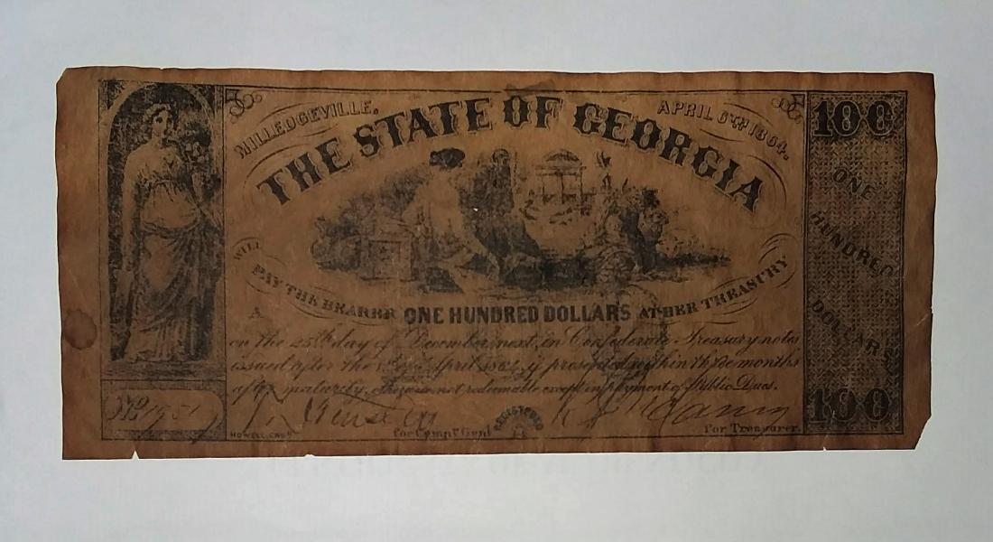 1864 STATE OF GEORGIA 100 DOLLAR NOTE. (1 of 3)