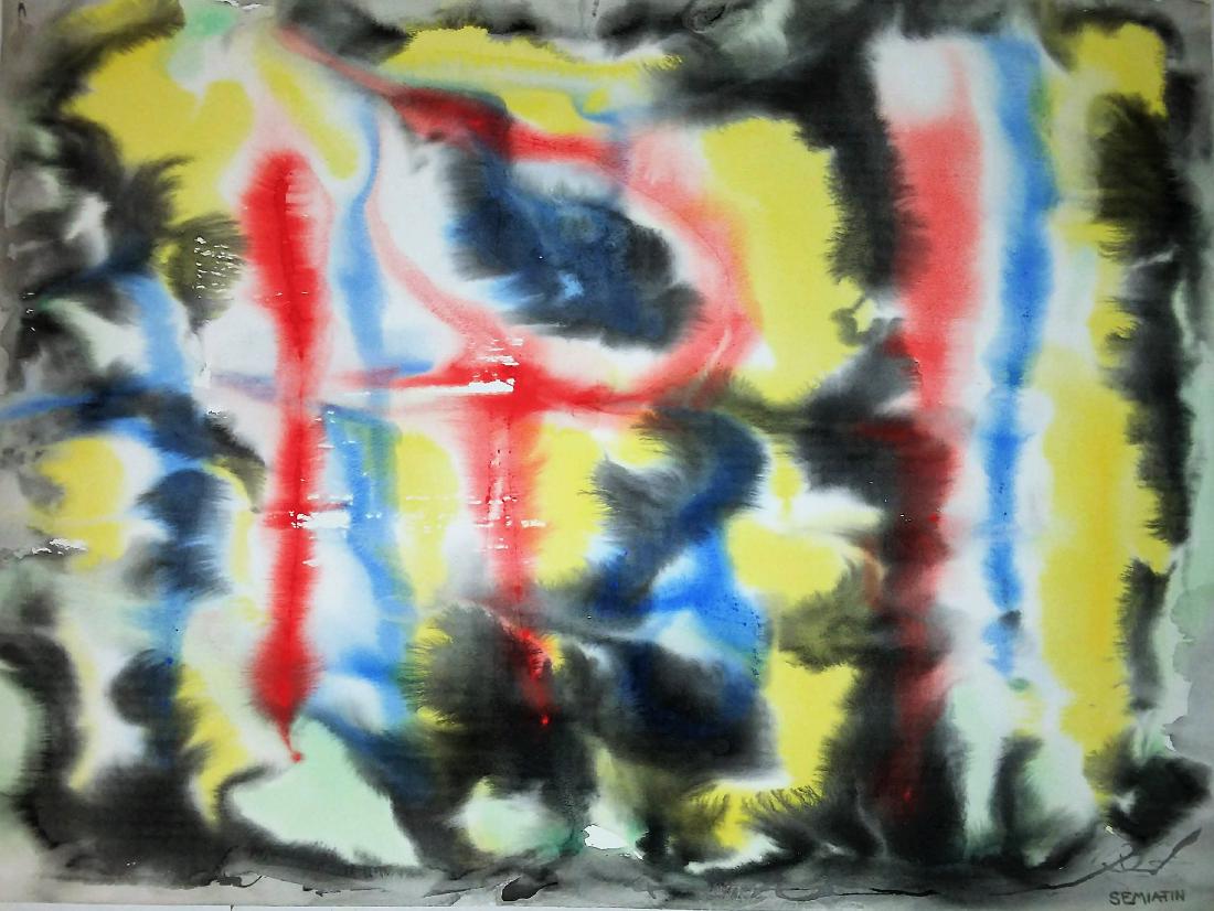 JACOB SEMIATIN, AMERICAN ABSTRACT EXPRESSIONIST: JACOB SEMIATIN (1915 - 1992) ; NYC ARTIST) O/C, SIGNED L/R 34"x22". Jacob Semiatin, American Abstract Expressionist. Fine lg, watercolor, signed from his estate. A once quite well known Brooklyn and W