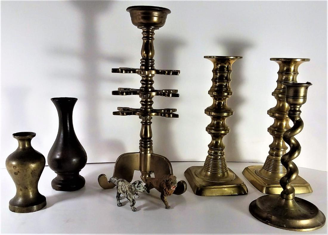 Mixed Antique 8 Pc. Bronze Lot: Mixed Antique 8 Pc. Bronze Lot Largest, 9.5", a 19th C. Japanese temple, lamp/rush holder, the piece of exceptional form, it has been surface buffed as many have. The point of the iron pricket has sna