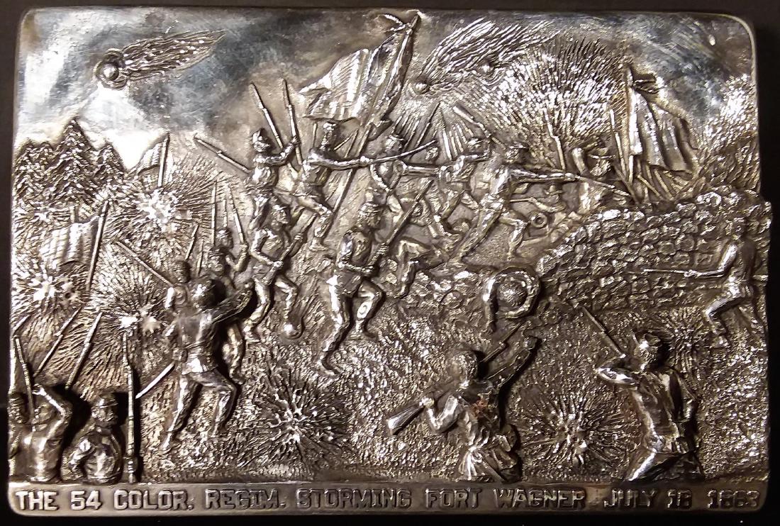 Silver Decorative Plaque, Civil War Scene, Artist: Fort Wagner, part of the formidable Confederate defenses of Charleston Harbor, was built on Morris Island on the south edge of the bay. The fort's 30-foot high earth and sand filled walls protected 14