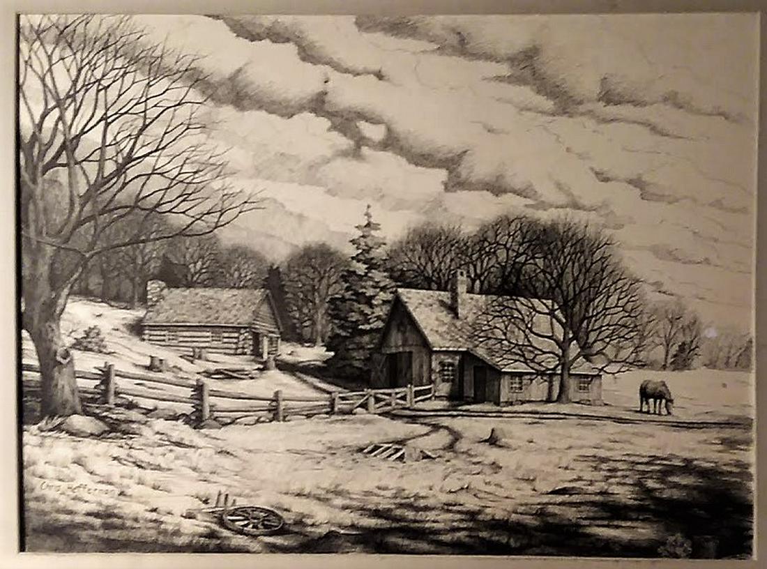 Fine Lg. ink drawing, Early American Homestead (1 of 2)