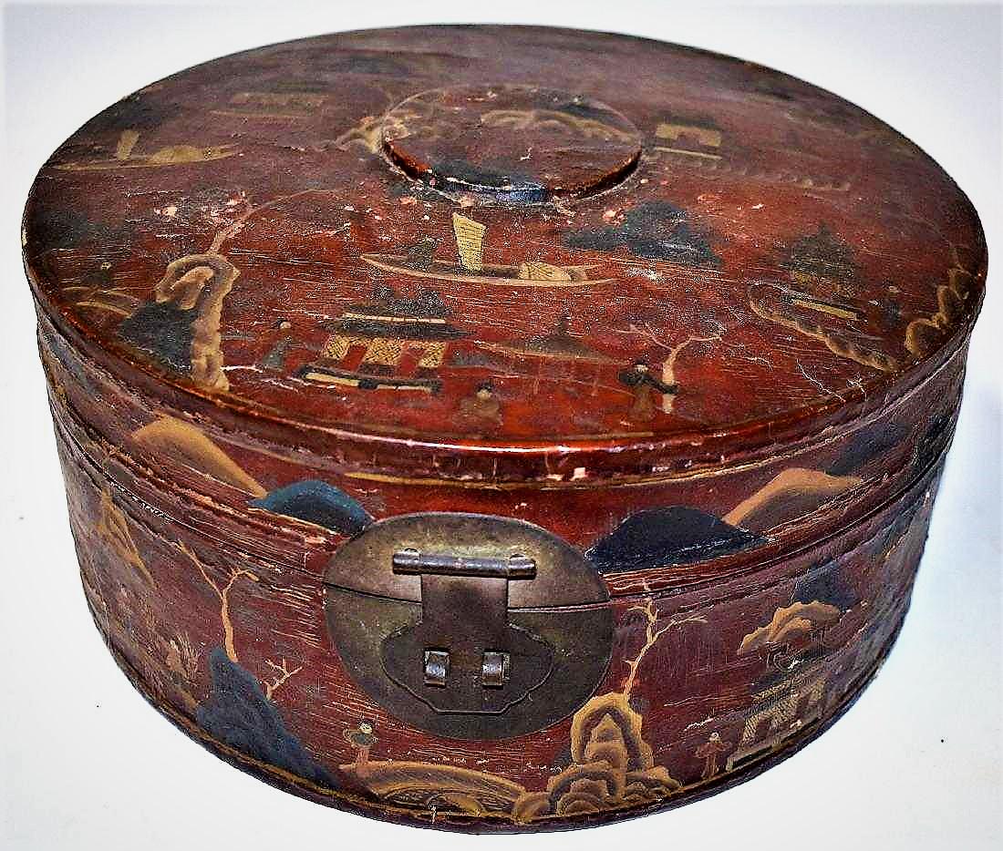 Early Chinese Lacqured Leather Hatbox (1 of 7)
