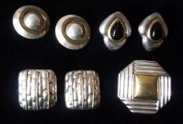 Collection Mexican silver w/ gold, Retro period,: Collection Mexican silver w/ gold, Retro period, 3 pr. earrings & 1 pin/pendant, all vintage and extensivly well marked. The earliest, 1950 with black stones are gold rimmed, others maybe, or gilding