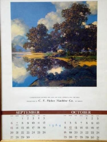 SHELTERING OAKS, A NICE PLACE TO BE - M. PARRISH: MAXFIELD PARRISH - Brown & Bigelow Calendar, 1960, Framed, Approx.13" x 17", Titled on front, 1964 C.F.Fickes Machine Co.